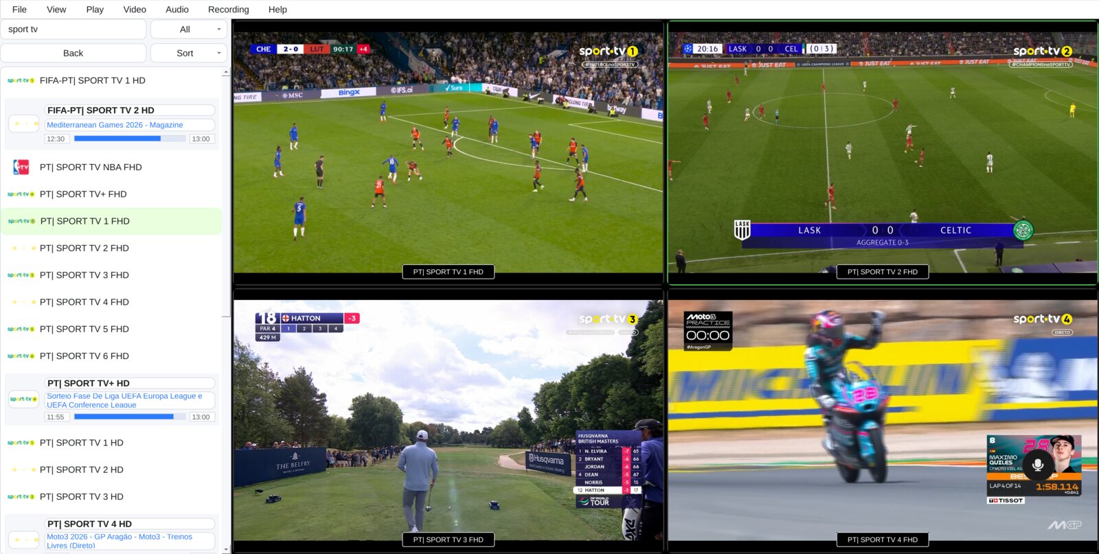 Four live streams in the Multi-View grid, with the channel list and guide beside them