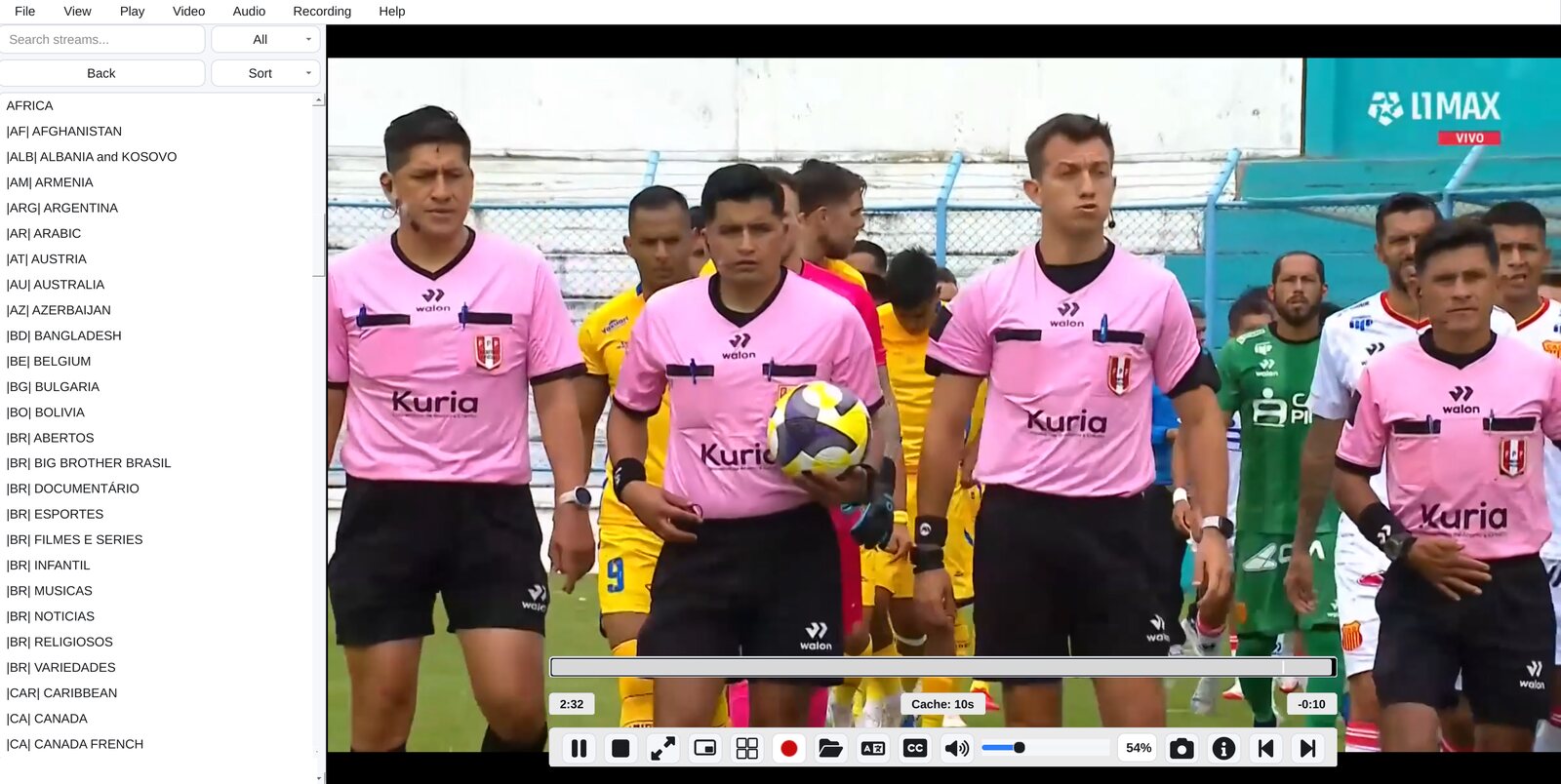 Wolvix Player playing a live channel, with the category list and playback toolbar